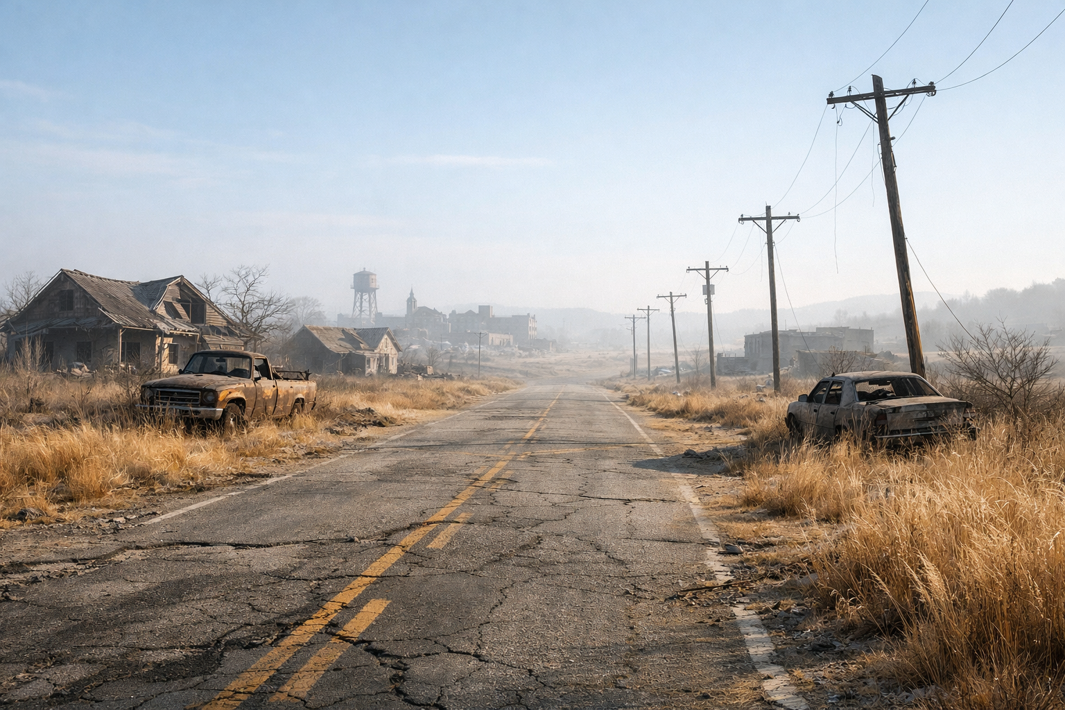 Abandoned road cutting through a ruined rural settlement