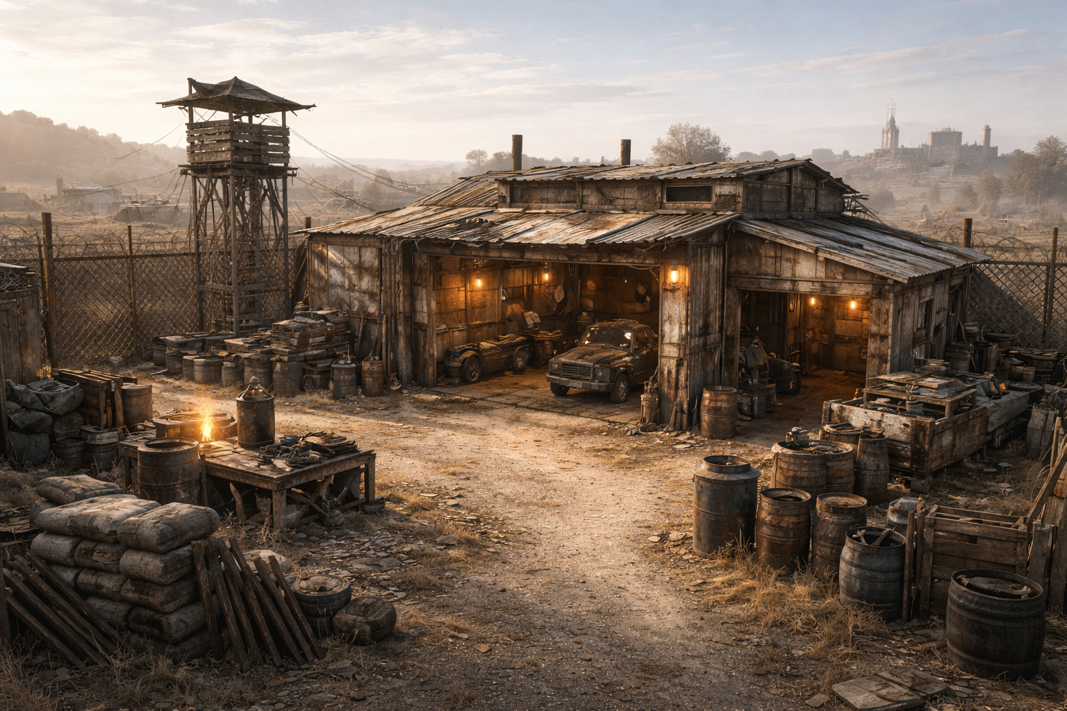 A fortified safehouse compound lit against the wasteland